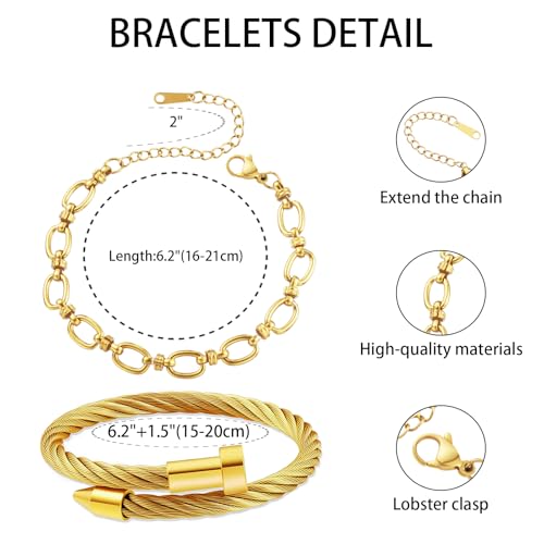 2PCS 18K Gold Plated Nail Bangle & Chain Bracelet Set for Women, Adjustable Stackable Bangle Jewelry, Dainty Gold Bracelet Gift for Women - color: Set L