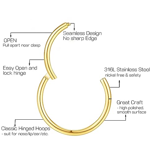 Nose Rings for Women, Gold Hypoallergenic Nose Ring Hoop, 316L Surgical Steel Septum Cartilage Earring, 20G 18G 16G 14 Guage Diameter 5mm to 16mm Body Piercing Lip Jewelry - color: Gold Plated, size: Inner Diameter: 6 mm