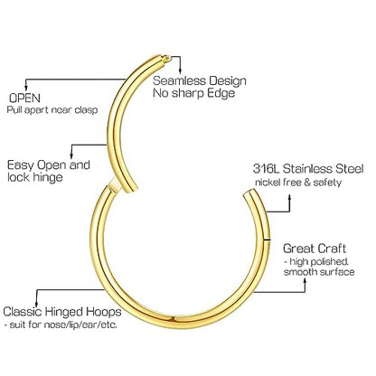 Nose Rings for Women, Gold Hypoallergenic Nose Ring Hoop, 316L Surgical Steel Septum Cartilage Earring, 20G 18G 16G 14 Guage Diameter 5mm to 16mm Body Piercing Lip Jewelry - color: Gold Plated, size: Inner Diameter: 6 mm