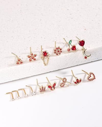 BSJ4U Nose Rings L Shaped for Women Nose Piercings 20G Surgical Stainless Steel Nose Studs CZ Heart Butterfly Flower Cherry Bow Moon Dangle Nose Piercing Jewelry - color: Gold Red Nose Rings
