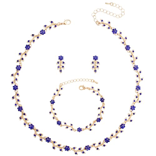 Austrian Crystal Rhinestone Choker Necklace Dangle Earring Link Bracelet Jewelry Set for Brides Bridesmaid Prom Costume Accessories for Women - color: Deep Blue-Gold Plated