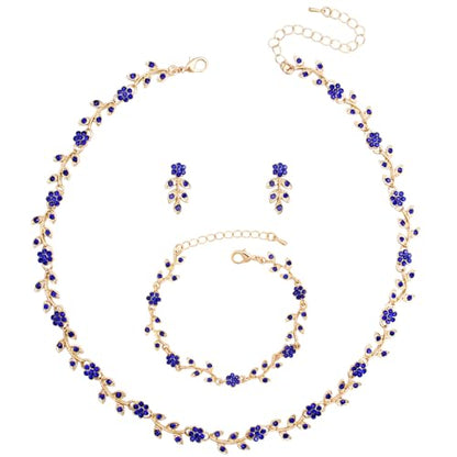 Austrian Crystal Rhinestone Choker Necklace Dangle Earring Link Bracelet Jewelry Set for Brides Bridesmaid Prom Costume Accessories for Women - color: Deep Blue-Gold Plated