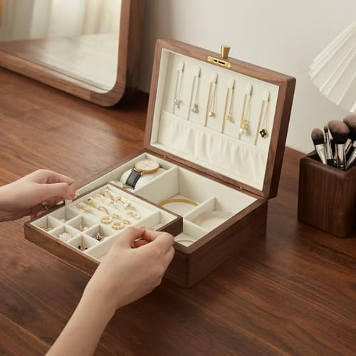 Solid Black Walnut Wood Jewelry Box, With Lock | Velvet Lining, Personalized Ring and Necklace Box, For Women and Girls, Brass Lock and Handle - style: With lock