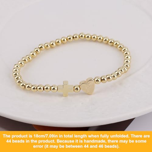 Mikovivi Women's Cross Bracelet with Initial Beads, Elastic Heart Alphabet Charm Stackable Beaded Bracelet Religious Christian Jewelry Gift - style: Letter P