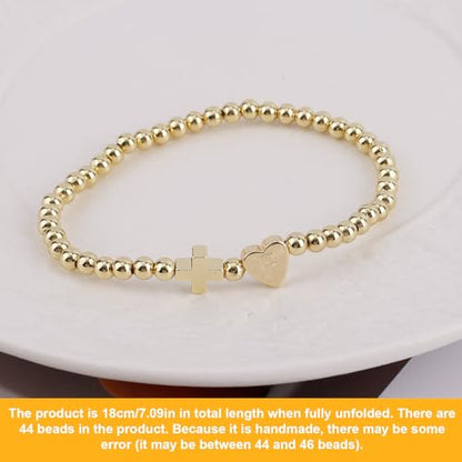 Mikovivi Women's Cross Bracelet with Initial Beads, Elastic Heart Alphabet Charm Stackable Beaded Bracelet Religious Christian Jewelry Gift - style: Letter P