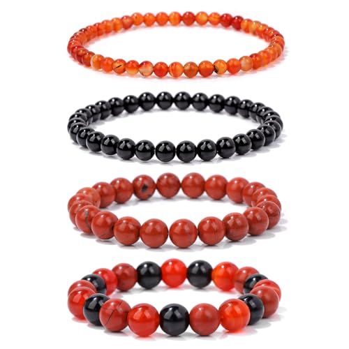 Vinswet 4pcs Beaded Bracelets for Women,Natural Healing Crystal Gemstones Bracelet,Anxiety Stress Relief Bracelet Handmade purple Jewelry Gifts for Women - color: Red agate&Black obsidian&Red Jasper