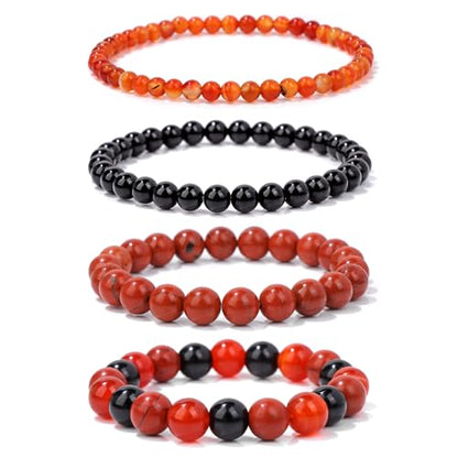 Vinswet 4pcs Beaded Bracelets for Women,Natural Healing Crystal Gemstones Bracelet,Anxiety Stress Relief Bracelet Handmade purple Jewelry Gifts for Women - color: Red agate&Black obsidian&Red Jasper
