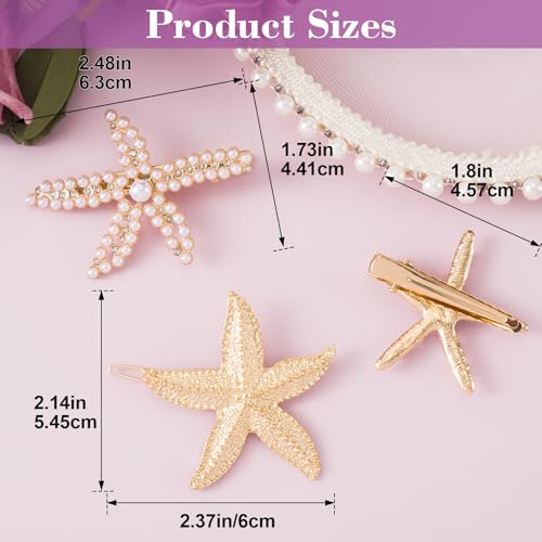 PAGOW 3 PCS Starfish Hair Clips, 3 Styles Gold Rhinestone Pearls Hair Clips, Faux Pearl Crystal Sea Star Wedding Headpiece Hair Accessories For Women Bride - color: 3pcs-gold,style3