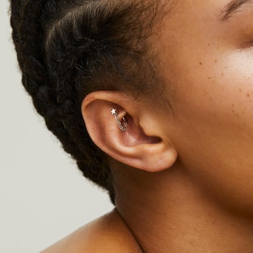 3 Pcs 316L Stainless Steel 16G Tragus Helix Rook Piercing Jewelry with Chain, Cartilage Earrings for Women, Belly Button Ring Vertical Labret Lip Piercing Jewelry - color: Silver, size: Star