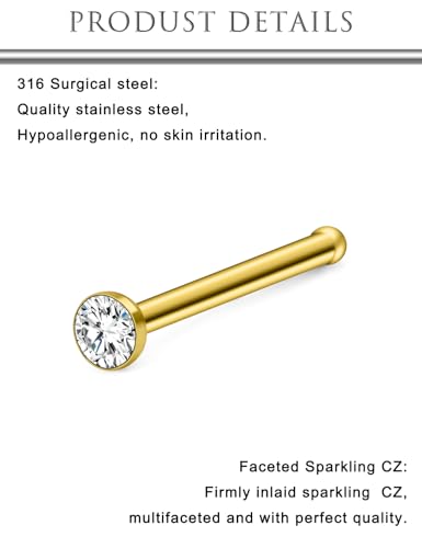 Hoeudjo Nose Studs Surgical Steel Cubic Zirconia Nose Rings Kit for Women Men Tiny Nose Stud Bone & Screw & L Shaped Nostril Piercing Jewelry 18/20/22/24 Gauge 10 Pieces - color: gold-tone,nose bone studs, size: 18g/2mm clear CZ