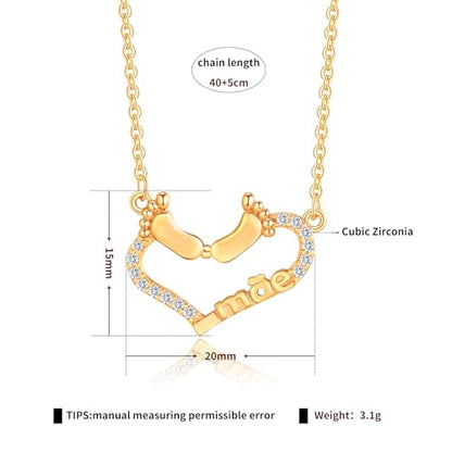 Gold Plated Pendant Necklaces for Women Cubic Zirconia Accent 18 Inch Adjustable Chain Hypoallergenic Gift for Wife Mom Birthday Valentines Day - style: Footprint love heart