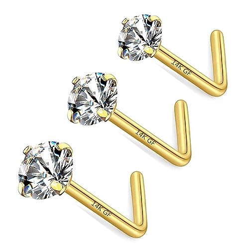 3 Pcs 14K Gold Filled Nose Studs 20G Stainless Steel Stud Nose Ring 2mm/2.5mm/3mm Round CZ L Bend Nose Stud Hypoallergenic Nose Piercing - color: gold L