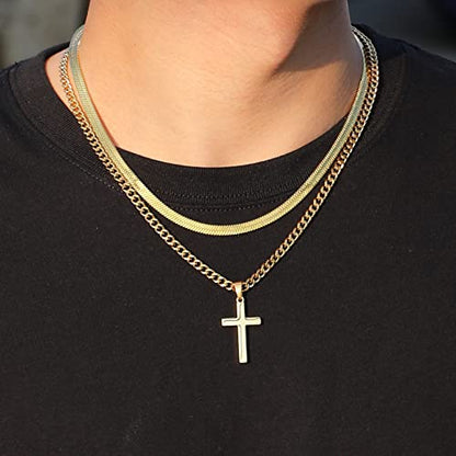 Zocomi Cross Necklace for Men Boys, Stainless Steel Layered Cuban Link Herringbone Chain Cross Pendant Christian Fashion Jewelry Gifts 16-24 Inches - color: Gold, size: 18inch/20inch, style: Herringbone+Cuban