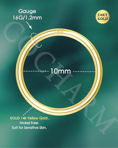 14K Solid Gold Nose Rings, Yellow Gold, 18g/16g/20g | For Women Man, Real Gold, 14Kt, Tiny Seamless Hoop, Nose Piercing, Cartilage Earring, Hypoallergenic - color: HoopA, size: 16g- 10mm