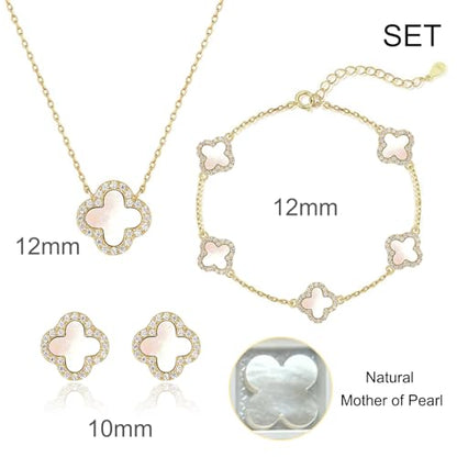 925 Sterling Silver Four Leaf Clover Bracelet – Real Silver Lucky Clover Jewelry for Women, Dainty Good Luck Gift for Her - color: Gold – MOP Set