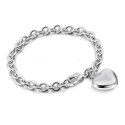 Dankadi Women 925 Sterling Silver Round Cable Wire Link Bracelet Charm Heart-Bell-Square-Circle Pendant Chain Bangle Fine Jewelry Gift For Wife Her - color: 6mm Silver Heart Pendant, size: 8 in