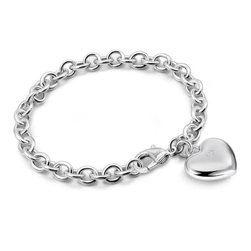 Dankadi Women 925 Sterling Silver Round Cable Wire Link Bracelet Charm Heart-Bell-Square-Circle Pendant Chain Bangle Fine Jewelry Gift For Wife Her - color: 6mm Silver Heart Pendant, size: 6.3 in