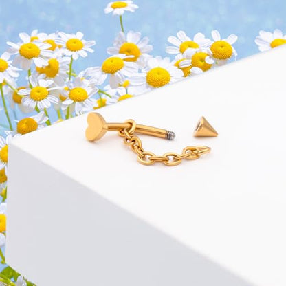 3 Pcs 316L Stainless Steel 16G Tragus Helix Rook Piercing Jewelry with Chain, Cartilage Earrings for Women, Belly Button Ring Vertical Labret Lip Piercing Jewelry - color: Gold, size: Heart