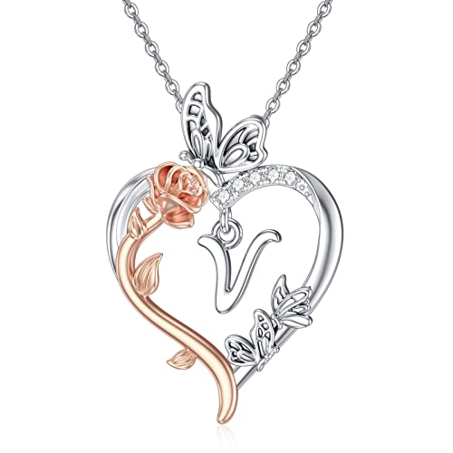 TOUPOP Gifts for Women Her 925 Sterling Silver Rose Heart Initial Necklace Butterfly Heart Jewelry Anniversary Birthday Gifts for Wife Girlfriend Mom - color: V Initial