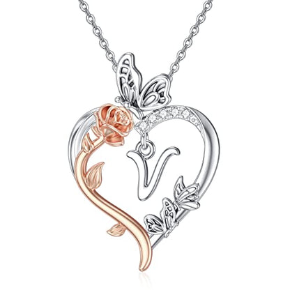 TOUPOP Gifts for Women Her 925 Sterling Silver Rose Heart Initial Necklace Butterfly Heart Jewelry Anniversary Birthday Gifts for Wife Girlfriend Mom - color: V Initial