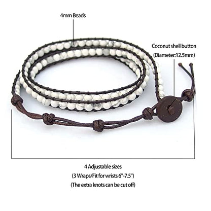Genuine Stone Wrap Bracelets for Women Natural Crystal Beaded Wrap Bracelet 2/3/5 Adjustable Bohemian Bracelets Jewelry Gifts for Women Mom - color: white turquoise(3 wraps)
