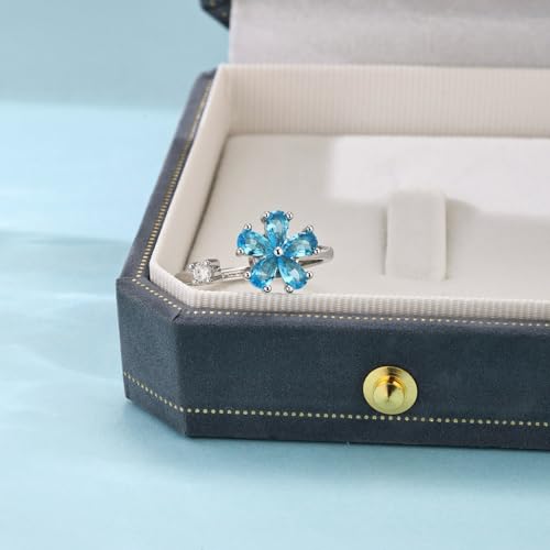 Rotating Blue Flower Fidget Rings for Women Sparkling Imitation Crystal Floral Open Stackable Adjustable Anxiety Spinner Ring Eternity Promise Wedding Band Comfort Fit Relieving Stress ADHD Jewelry