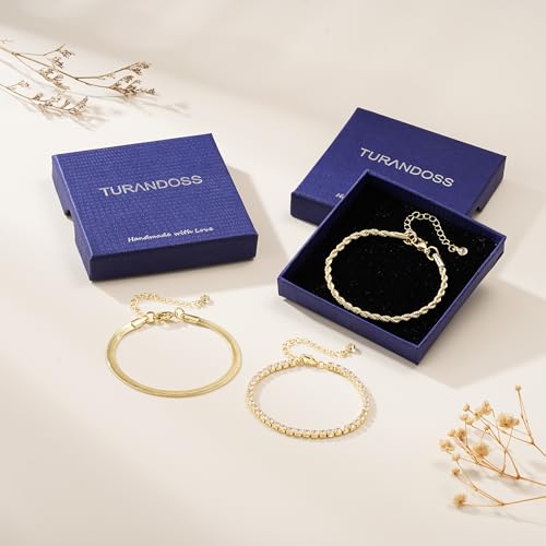 Turandoss Gold Bracelets for Women - Dainty 14K Gold Plated Tennis Bracelet | Stackable Cross Beaded Set, Twisted Rope Chain, Snake Paperclip Chain, Knot Cuff Bracelets for Women, Jewelry Gifts - color: Snake Tennis Set