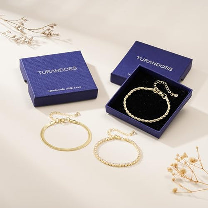 Turandoss Gold Bracelets for Women - Dainty 14K Gold Plated Tennis Bracelet | Stackable Cross Beaded Set, Twisted Rope Chain, Snake Paperclip Chain, Knot Cuff Bracelets for Women, Jewelry Gifts - color: Snake Tennis Set