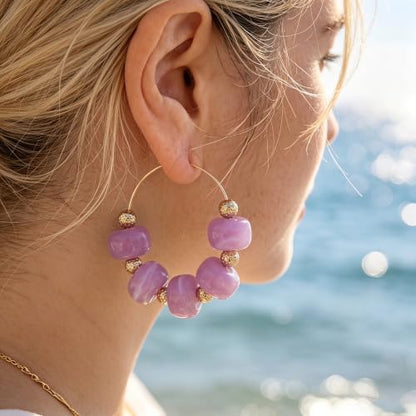 Colorful Beaded Earrings for Women Beaded Hoop Earrings | Chunky Acrylic Resin Boho Statement Drop Earrings Trendy Summer Beach Jewelry Accessories Gifts - color: Purple