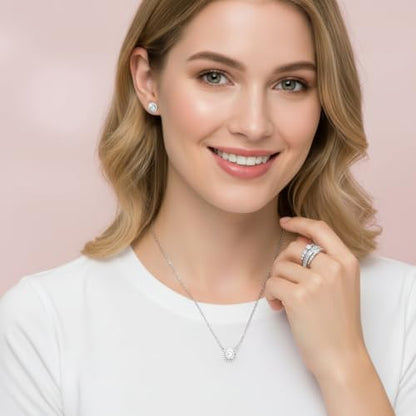 Devin Rose 7 Pcs Round Cubic Zirconia Necklace Stack Ring Stud Earring Set for Women in Green Travel Case Organizer Gift Jewelry Box with Lid