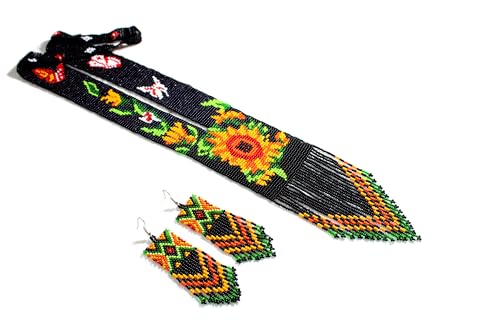 Long Beaded Necklace – Boho Native Handmade Seed Bead Tassel Necklace, Bohemian Large Statement Beaded Necklace for Women - color: Black