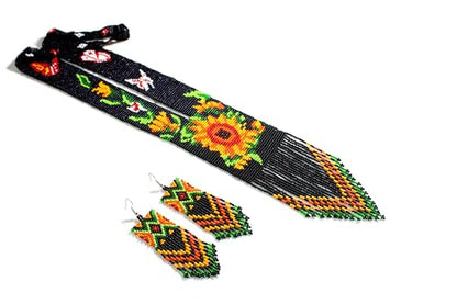 Long Beaded Necklace – Boho Native Handmade Seed Bead Tassel Necklace, Bohemian Large Statement Beaded Necklace for Women - color: Black