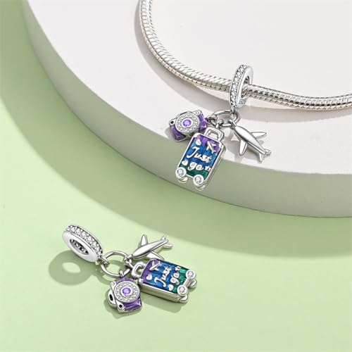 LNQOBU 925 Sterling Silver Charms for Bracelets Necklaces,5A Cubic Zirconias Evil Eye Dangle Beads Charms Jewelry Gift for Women (With one Spacer Beads Charms) - style: Travel Luggage Pendant