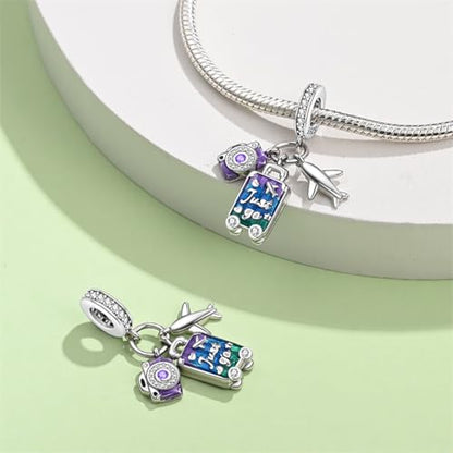 LNQOBU 925 Sterling Silver Charms for Bracelets Necklaces,5A Cubic Zirconias Evil Eye Dangle Beads Charms Jewelry Gift for Women (With one Spacer Beads Charms) - style: Travel Luggage Pendant