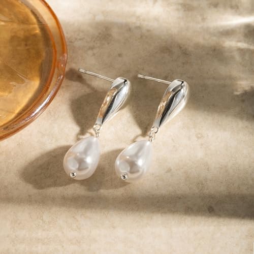 LLWOM Earrings for Women - 14K Gold Plated CZ Teardrop Dangle Earrings | Dangling Earrings for Women Trendy, Hypoallergenic Jewelry Gift for Wedding/Party/Prom/Daily, Elegant Drop Earring Stud - color: Silver Pearl Teardrop