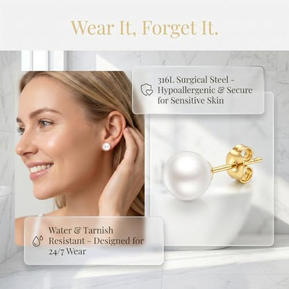 12 Pairs Pearl Stud Earrings for Women | White Pearl CZ Ball Hypoallergenic Earrings, Bridal Simulated Pearl Rhinestone Pearls Stud Earrings Jewelry Set for Wedding - color: Gold