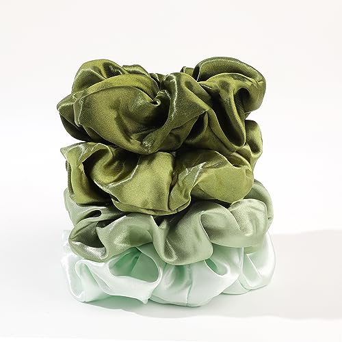 Ivyu Scrunchies for Women's Thick Curly Hair, Satin Hair Scrunchies for Girls, Big Cute Ponytail Holders, No Crease No Damage, 4 Pieces, Green - color: Green