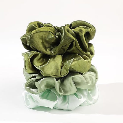 Ivyu Scrunchies for Women's Thick Curly Hair, Satin Hair Scrunchies for Girls, Big Cute Ponytail Holders, No Crease No Damage, 4 Pieces, Green - color: Green