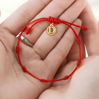 Red String Bracelet with Initial Letter and 7 Protective Knots – Adjustable Kabbalah Bracelet for Women & Men, Personalized Good Luck Charm for Positive Energy - color: D
