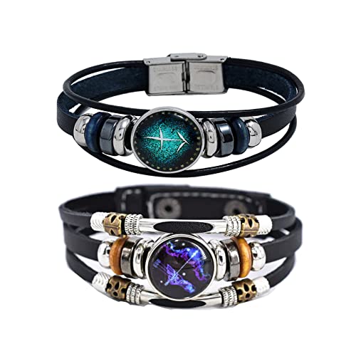2Pcs Multilayer Constellation Zodiac Leather Bracelet Handmade Woven Zodiac Sign Wrap Bracelet Wristband for Women Men Jewelry Birthday Gift - color: L:Sagittarius(11/22 - 12/21)