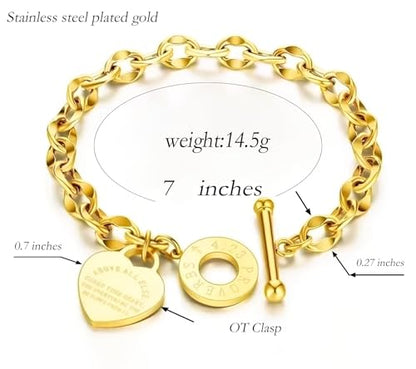 Charm Bracelet for Women 18k Gold/Silver/Rose Gold Plated Love Heart Elegant OT Clasp Stainless Steel Green Bag Packaging Jewelry Gift Birthday - color: 18k Gold, size: 7 inch