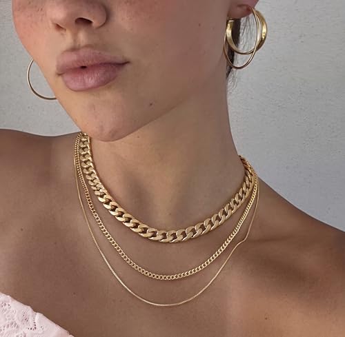 Tewiky Layered Necklaces for Women 14k Gold Plated Chain Necklace Set | Chunky Herringbone/Snake/Rope/Box/Cuban Link Chain for Women, Layering Stack Choker Necklace, Dainty Jewelry Set Non Tarnish - color: 3 Chunky Cuban Box Gold