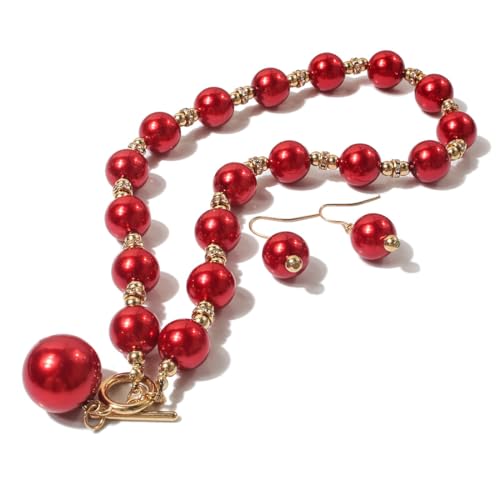 XAM 2PCS/set Large Simulated Pearl Necklace and Stud Earring for Women Brides Chunky Pearl Retro Costume Necklace Set Statement Wedding Jewelry 1920s Costume Jewelry Set - color: Red