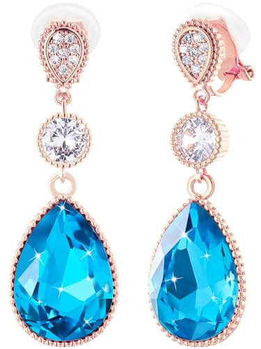 Clip On 18 * 13MM Big Crystal Dangle Non Pierced Earrings for Women 14K Gold Plated Jewelry - color: Dec-Turquoise-Rose Gold Plated