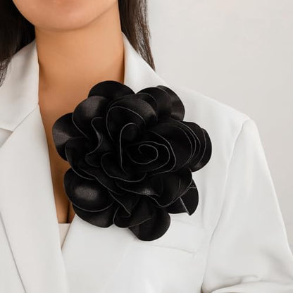Dainty Satin Fabric Rose Flower Brooches 7.5in Extra Large Big Camellia Flower Brooches Lapel Pins for Women Wedding Party Dance Dress Clothes Accessories - color: Black