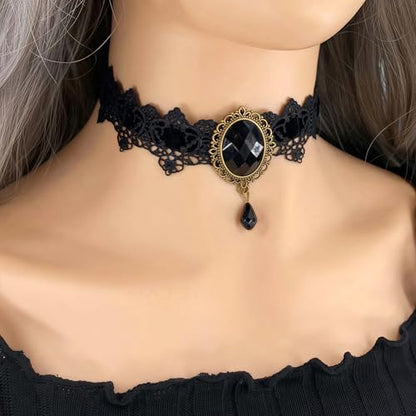 Qceasiy Gothic Black Necklace for Women, Adjustable Victorian Velvet Lace Collar, Halloween Party Cosplay Jewelry Gift - style: Black Gem Lace