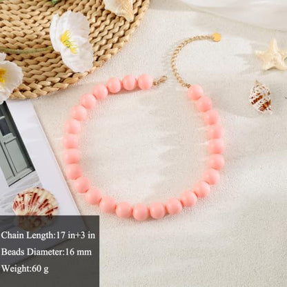 Chunky Beaded Necklace for Women 16mm Round Bead Resin Modern Statement Necklace Jewelry Accessories - color: light pink