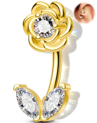 Melighting 16G Flower Rook Piercing Jewelry Marquise Stainless Steel 316L | Delicate Floral Leaf Design, 5A Grade Cubic Zircon, Dainty Eyebrow Piercing - color: Gold, size: 16g6mm