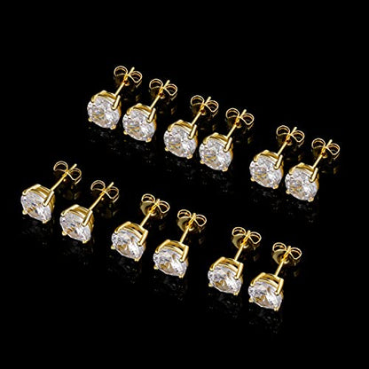 MDFUN Hypoallergenic CZ Stud Earrings Set for Women/Men,6 Pairs 18K Gold Plated Round 3-8mm Clear Cubic Zirconia Earring Pack Jewelry Gift - color: Yellow gold-7mm-6 pairs