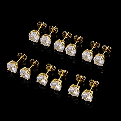 MDFUN Hypoallergenic CZ Stud Earrings Set for Women/Men,6 Pairs 18K Gold Plated Round 3-8mm Clear Cubic Zirconia Earring Pack Jewelry Gift - color: Yellow gold-4mm-6 pairs